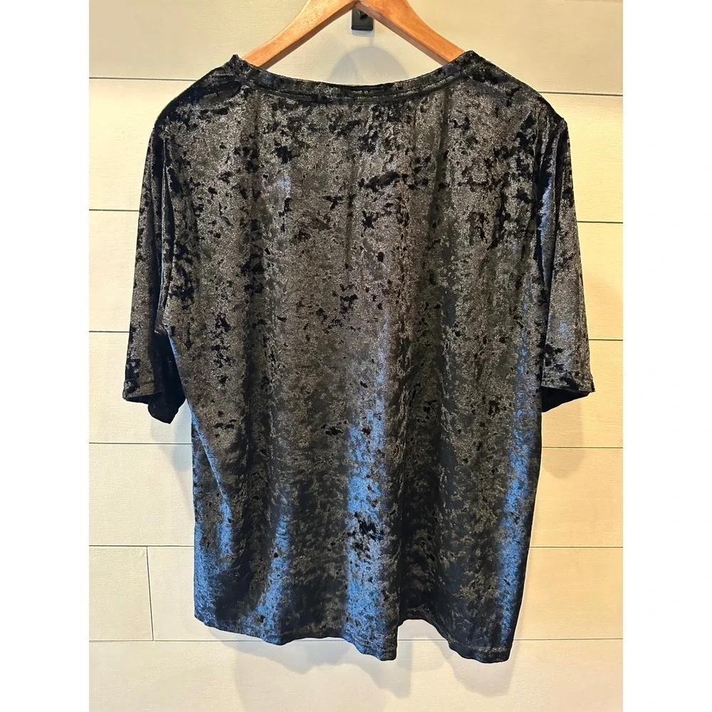 POL Black Crushed Velvet High Low Top Short Sleeve Scoop Neck HWT73 Womens Small